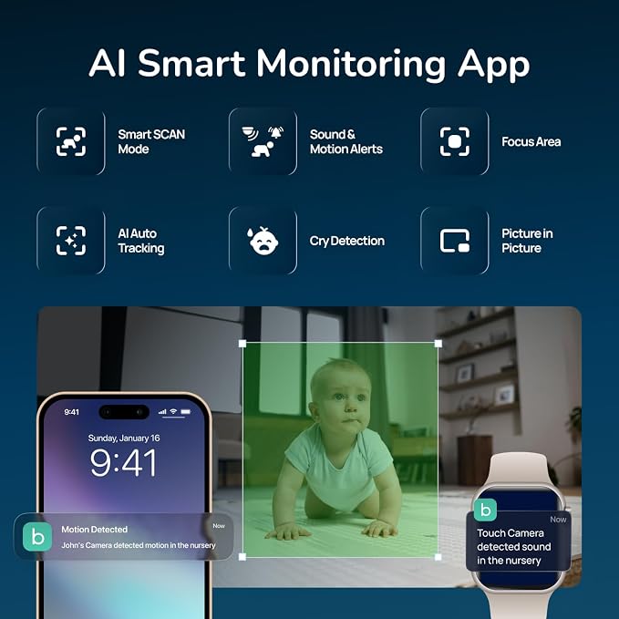Babysense TOUCH 7" Touchscreen Smart WiFi Baby Monitor with App, Camera and Audio, 2 Cameras with Night Light, 4MP Dual-Lenses with 6X Zoom, AI Auto Tracking, Focus Area, Split-Screen, No Subscription - Image 3