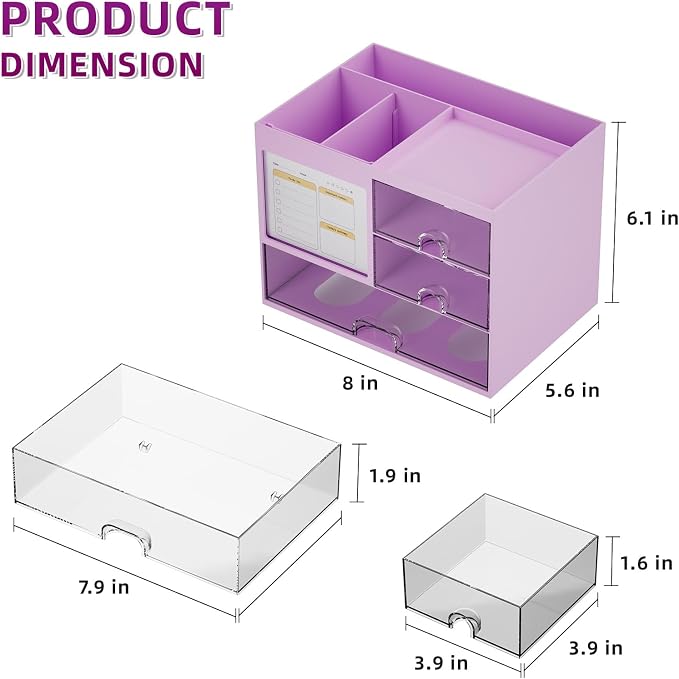 Marbrasse Desk Organizer with 3 Drawer, Multi-Functional Pencil Pen Holder, Desk Organizers and Accessories with 4 Compartments,Desktop Organizer Storage for Office Home Art Supplies (Purple) - Image 3