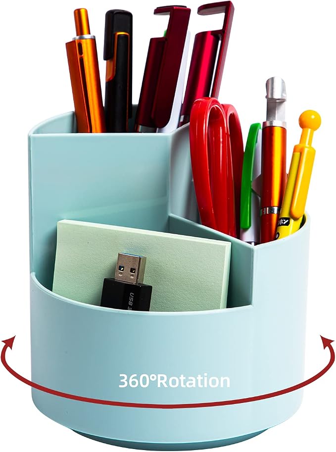 Desk Pencil Pen Holder, 3-Slot 360 Spinning Desk Organizer, Cute Pencil Cup Pot for Office, School, Art Supply - Blue by EDENMS