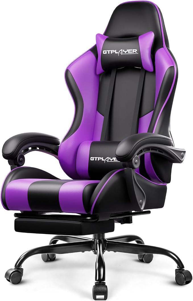 GTPLAYER Gaming Chair, Computer Chair with Footrest and Lumbar Support, Height Adjustable Game Chair with 360°-Swivel Seat and Headrest and for Office or Gaming (Faux Leather, Purple) by GTPLAYER