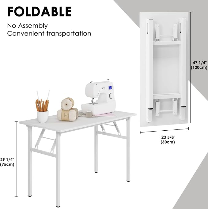 Need Office Computer Desk 47.2x23.6 in Sturdy Folding Laptop Table White | White Frame Writing Gaming Work Table/Foldable Home Office Desk/Sewing Table, No Assembly Required - Image 3