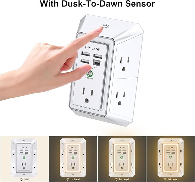 3-Sided Outlet Extender with Night Light - QINLIANF Multi Plug Outlet with 5 Outlets and 4 USB Ports(1 USB-C), USB Wall Charger for Home, Office, Travel, ETL Listed, White - Image 4