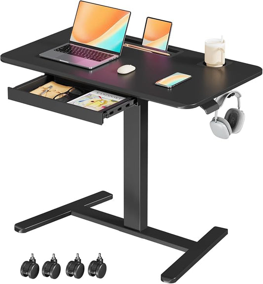Mobile Standing Desk with Drawer, 35"×20" Small Desk, Black | Portable Laptop Workstation with Cup Holder and Hooks, Height Adjustable Rolling Desk with Wheels, Teacher Classroom Use by JYLHJOYSEEKER