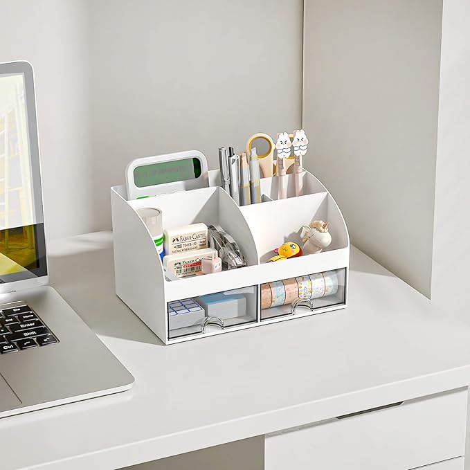 COMFYROOM Desk Organizer with 6 Compartments and 2 Drawers, Plastic Makeup Organizer, Pen Holder for Desktop Storage, Desk Organization for School, Home, Office Supplies (White-2Pack) - Image 4