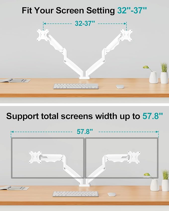 Dual Monitor Arm Desk Mount Fits 13 to 32 inch Computer Screens, Holds 4.4 to 19.8lbs Display VESA Mount, Adjustable Double Monitor Stand with Clamp/Grommet Base, 75/100mm Bracket, White, Freelift - Image 7