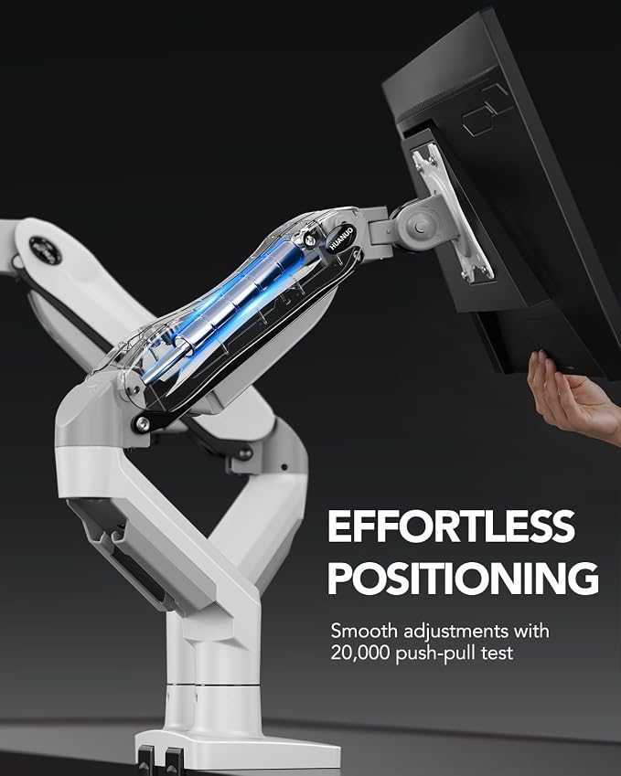 HUANUO Dual Monitor Stand - Full Adjustable Monitor Desk Mount Swivel Vesa Bracket with C Clamp, Grommet Mounting Base for 13 to 32 Inch Computer Screens - Each Arm Holds 4.4 to 19.8lbs - White - Image 5