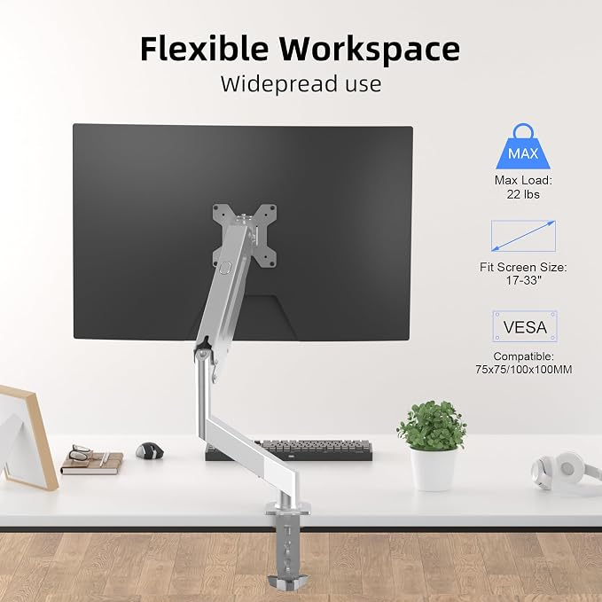 Suptek Single Monitor Mount Adjustable Gas Spring Monitor Arm Desk Mount Stand Fits 17 20 22 23 24 26 27 32 33 inch Monitors,Holds up to 22 lbs,Silver(MD18S) - Image 3