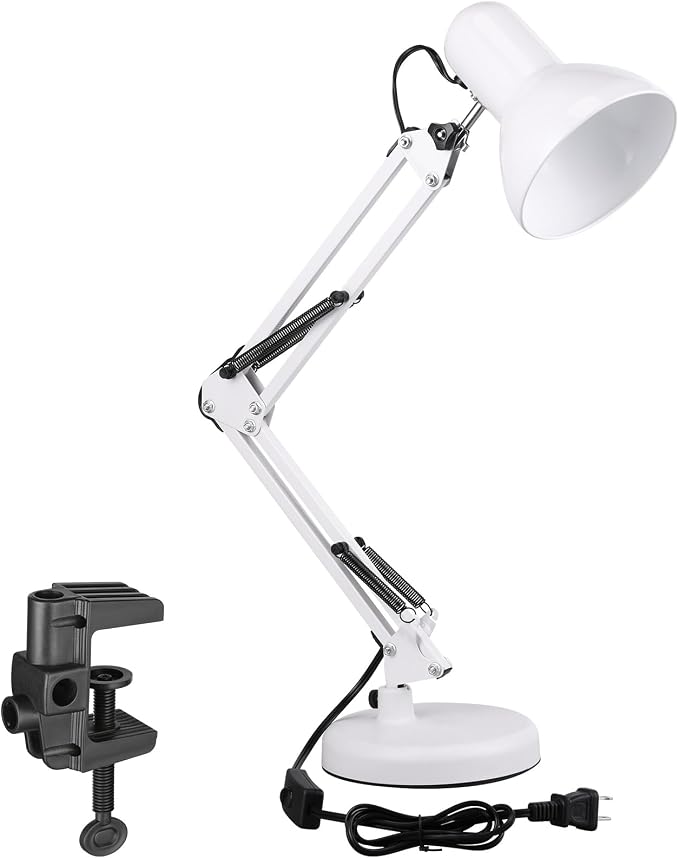 TORCHSTAR Metal Desk Lamp, Adjustable Swing Arm, E26, White | Architect Gooseneck Multi-Joint Clip Table Lamp with Plastic Clamp, for Home Office, Work, Study, Reading, Bulbs not Included by TORCHSTAR