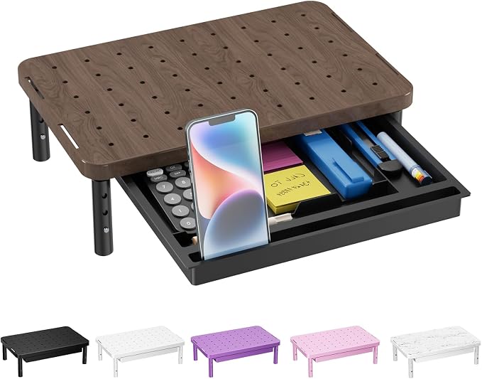WALI Plastic Computer Monitor Stand with Storage, Desk Monitor Riser 3 Height Adjustable, Laptop Riser with Airflow Vents, Desk Organizer for Computer, Laptop, Printer (PTT002-C), 1 Pack, Brown by WALI