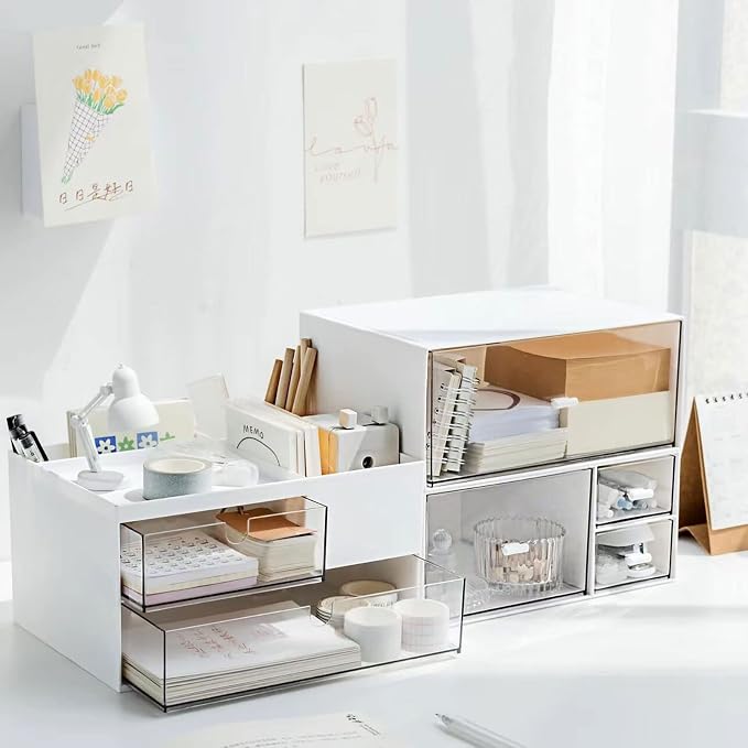 Desk Drawer Organizer, Desk Storage Box with 2 Drawers and 4 Compartments, Multifunctional Desk Accessories & Countertop Organizers for Office School Home (White） - Image 5