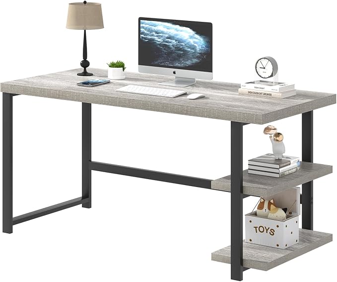 FOLUBAN Computer Desk, Modern Home Office Desk with Shelves, Wood Writing Study Gaming Table for Living Room Bedroom, Light Grey, 53 inch - Image 8