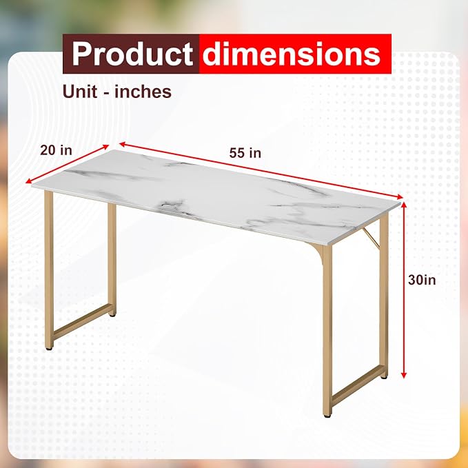 PayLessHere | 55 Inch Computer Desk | White Gold | Office Desk with Metal Frame, Adjustable Feet | Water-Resistant, Scratchproof Surface | Sturdy Writing Table for Home Office or Study | Pack of 1 - Image 3