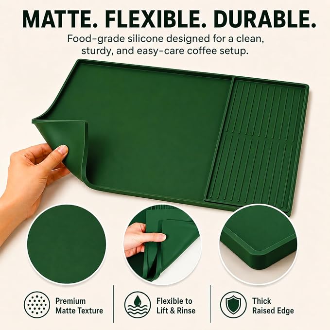 Silicone Coffee Mat 24 x 16 in with Tray, Deep Forest Green | Coffee bar mat for countertop use, coffee station mat or coffee machine mat with removable tray and 0.47 in raised rim. - Image 5