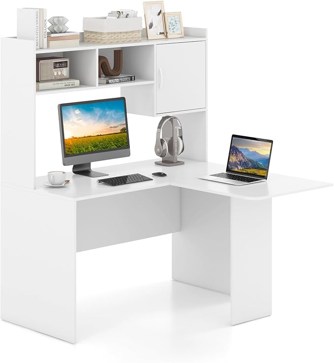 Tangkula L-Shaped Desk with Storage Hutch, Corner Computer Desk with Shelves & Cabinet, Modern Writing Study Table for Home Office, Laptop PC Workstation, White by TANGKULA