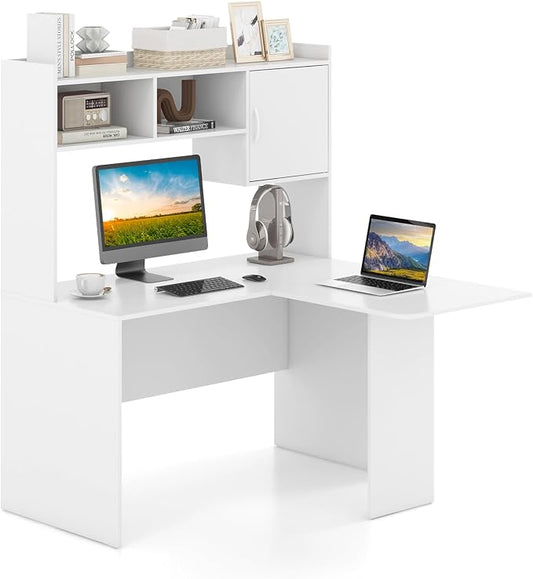 Tangkula L-Shaped Desk with Storage Hutch, Corner Computer Desk with Shelves & Cabinet, Modern Writing Study Table for Home Office, Laptop PC Workstation, White by TANGKULA