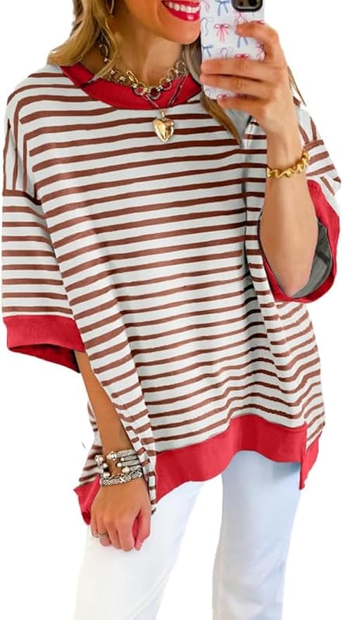 SHEWIN Womens Tops Casual Short Sleeve Sweatshirt Crewneck Striped Shirt Pullover T Shirts Loose Blouses by SHEWINBeYourFashionStylist