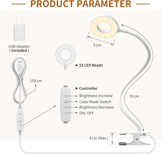 iZELL Book Light, Clip on Reading Light with Silicone Flexible Arm, Dimmable LED Lamparas Clamp on Workbench Desk for Studying Painting Crafting Drawing Makeup Nail Tech Puzzle Task - 27.6‘’ White - Image 6