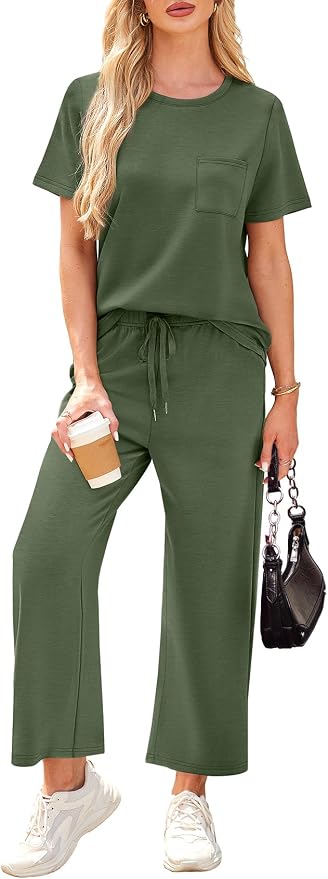 WIHOLL 2 Piece Sets for Women Casual Summer Travel Vacation Outfits Short Sleeve Wide Leg Crop Pants Lounge Sets - Image 3