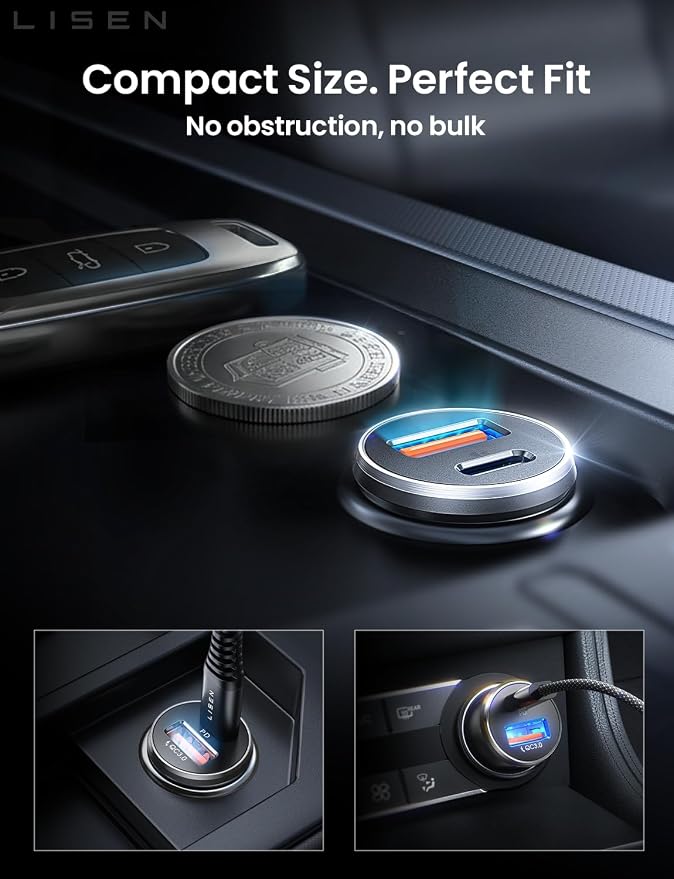 LISEN Car Charger USB C, 69W Cigarette Lighter USB Charger Adapter, Car Accessories Gifts for Men, Mini USBC Cars Fast Charging Adapter USBC Type C 12V Plug Outlet, for iPhone 17 Pro Max 16 15 14 13 - Image 6