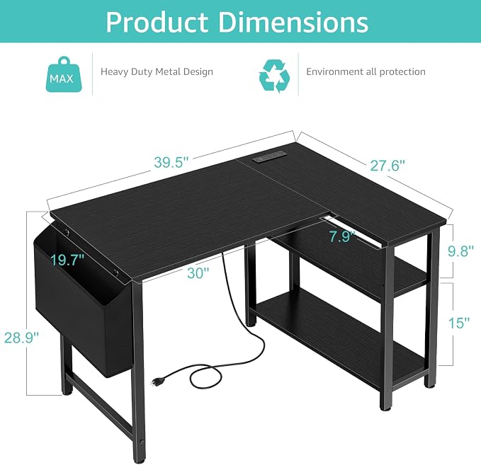 Lufeiya Small L Shaped Desk with Power Outlet Shelves, 40 Inch Corner Computer Desk for Small Space Home Office, L-Shaped Gaming Desk PC Desks with Charging Station, Black - Image 3