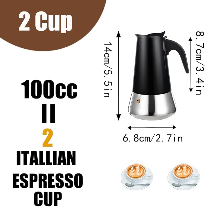 2 Cup Stovetop Espresso Maker Stainless Steel Moka Pot Stove Top Percolator Italian Coffee Makers Capable Mocha Greca Machine Cafe Classic Induction Cookers for Home and Camping 100ml 3.3oz - Image 2