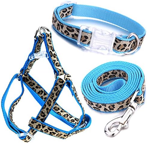 Mile High Life Leopard Dog Harness Collar Leash Set, Adjustable No Pull Dog Halter Harness for Small Breed Dogs, Easy Control for Training Walking (Blue, S Chest 11"-18", Neck 10"-14") by MileHighLife