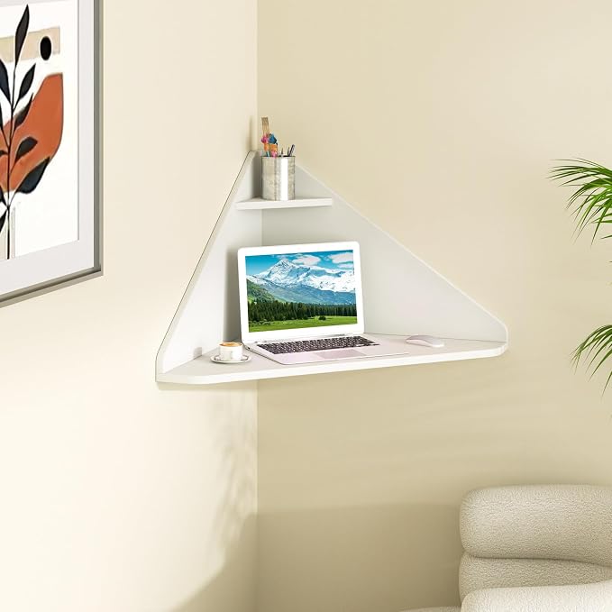 Giantex Corner Floating Desk, Wall Mounted Computer Desk with Storage Shelf, Space-Saving Writing Desk, Triangle Laptop Desk for Living Room, Study, Bedroom, Home Office & Small Spaces (White) - Image 3