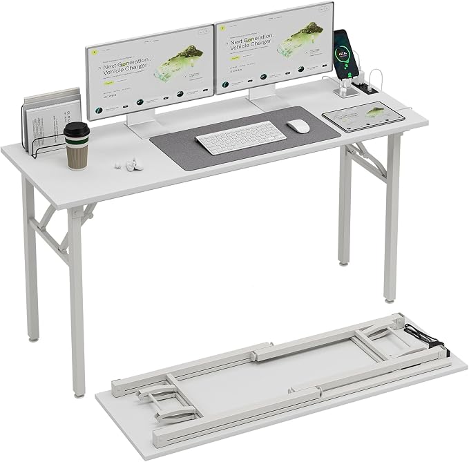 TEMI Long Computer Desk Folding Table - No Assembly, Compact 55.1" Foldable Desk with Power Outlets & USB Charging Port, Portable Lagre Office Desk, Ideal Large Study Table for Narrow Spaces,White Ash by TEMI