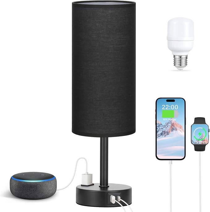 Fenmzee Black Bedside Lamp for Bedroom, Dimmable Touch, USB A+C, AC Outlet | 3-Way Dimmable, LED Bulb Included, USB C+A Charging Ports, Black Fabric Lampshade, Metal Base, 14in Small Table Lamp - Image 6