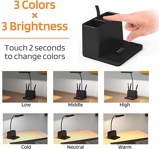 AXX Black LED Desk Lamp, Battery Operated Small Table Light for Dorm Room | Rechargeable, Battery-Powered, Cute, Dimmable, Gooseneck, Pen Holder, Touch Control, for Home Office Bedroom Desktop - Image 3