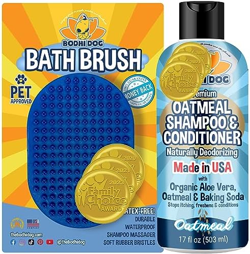 Bodhi Dog Grooming Bundle - Oatmeal Shampoo & Conditioner with Bath Brush for Shower, Showerhead, Sprayer & Bathing - Gentle Care for Long, Short & Curly Hair by BodhiDog