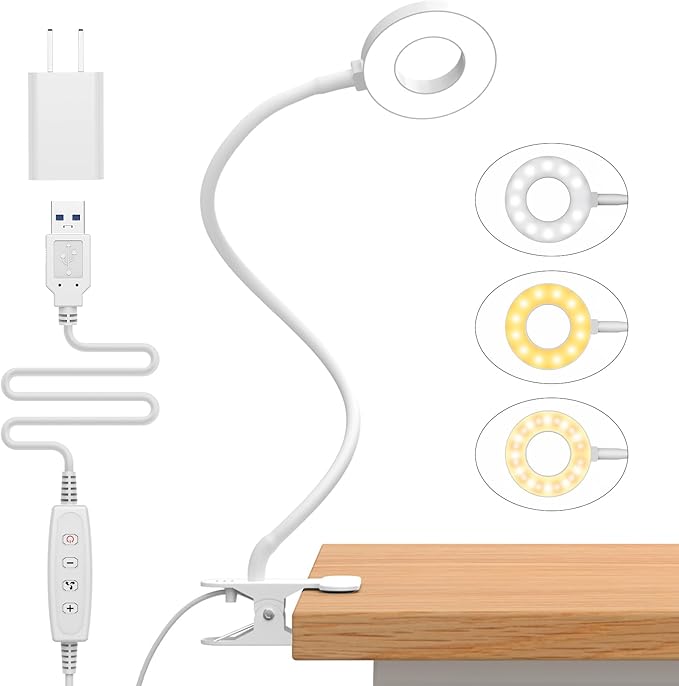 iZELL Book Light, Clip on Reading Light with Silicone Flexible Arm, Dimmable LED Lamparas Clamp on Workbench Desk for Studying Painting Crafting Drawing Makeup Nail Tech Puzzle Task - 27.6‘’ White by iZell