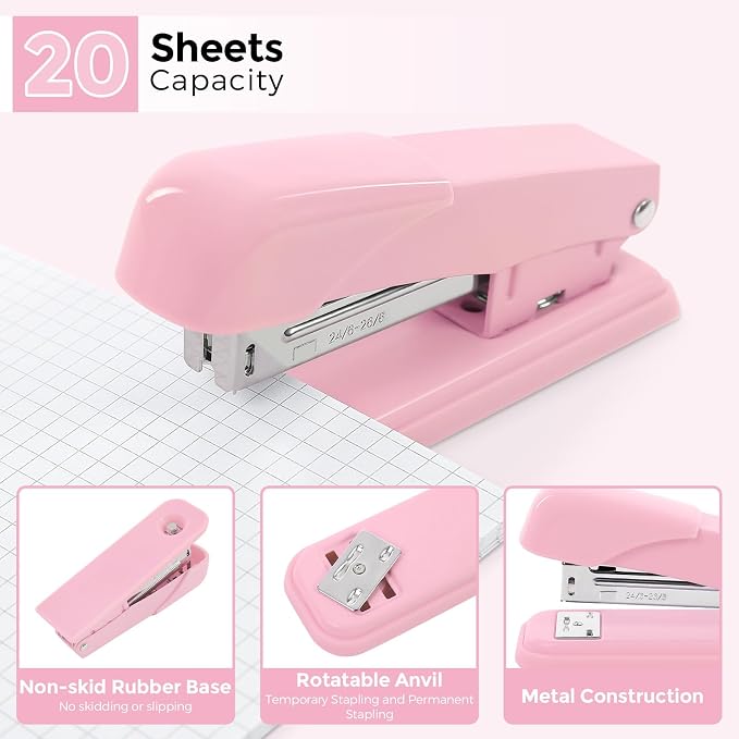 SKYDUE Pink Office Supplies Set, Pencil Holder for Desk,Gel Pen, Stapler, Tape Dispenser, Scissors,Clips and 1000pcs Staples, Office Decor for Women, Pink Desk Accessories - Image 4