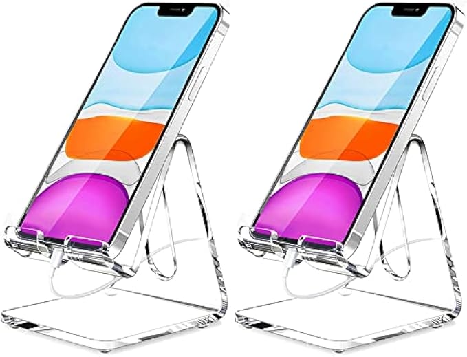 Crpich Acrylic Cell Phone Stand, Portable Phone Holder, Clear Phone Stand for Desk, Compatible with Phone16 15 14 13 12 Pro Max 11 Xr Plus SE, Switch, Android Smartphone, Pad, Desk Accessories, 2 Pack by Crpich