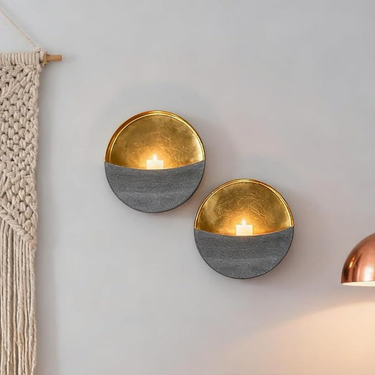 Eclipse Candle Sconces Set of 2, Wall Candle Holders with Gold Interior | Modern Gray Metallic Wall Candlestick Holders with Golden Foil Christmas Decor for Living Room, Bedroom, or Farmhouse Decor by Batoslee