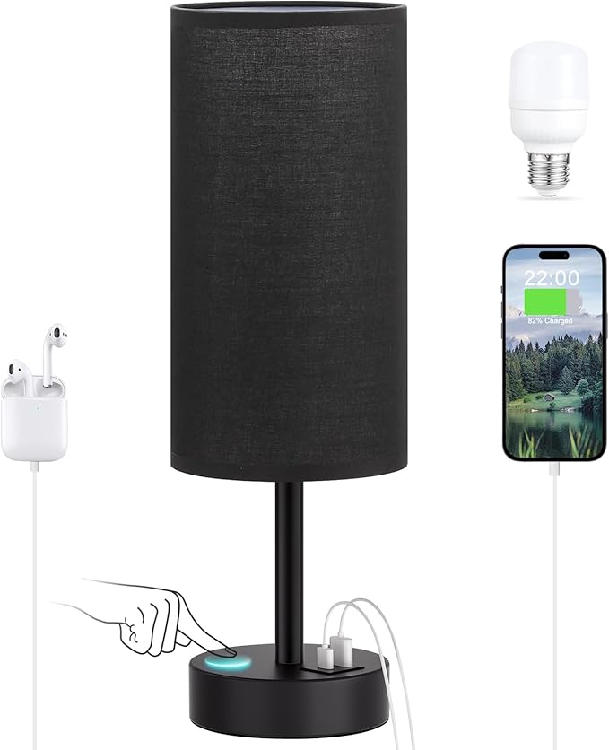 Dicoool Bedside Table Lamp for Bedroom - 3-Way Dimmable Touch Lamp, USB A+C | LED Bulb Included, 14" Small Nightstand Lamp for Desk, Living Room, Guest Room, Black Fabric Lampshade, Black Metal Base by DicooolDirect