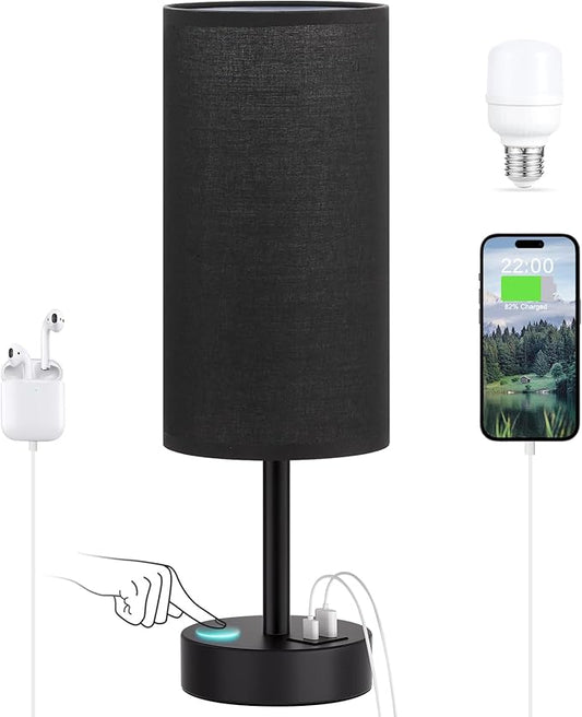 Dicoool Bedside Table Lamp for Bedroom - 3-Way Dimmable Touch Lamp, USB A+C | LED Bulb Included, 14" Small Nightstand Lamp for Desk, Living Room, Guest Room, Black Fabric Lampshade, Black Metal Base by DicooolDirect