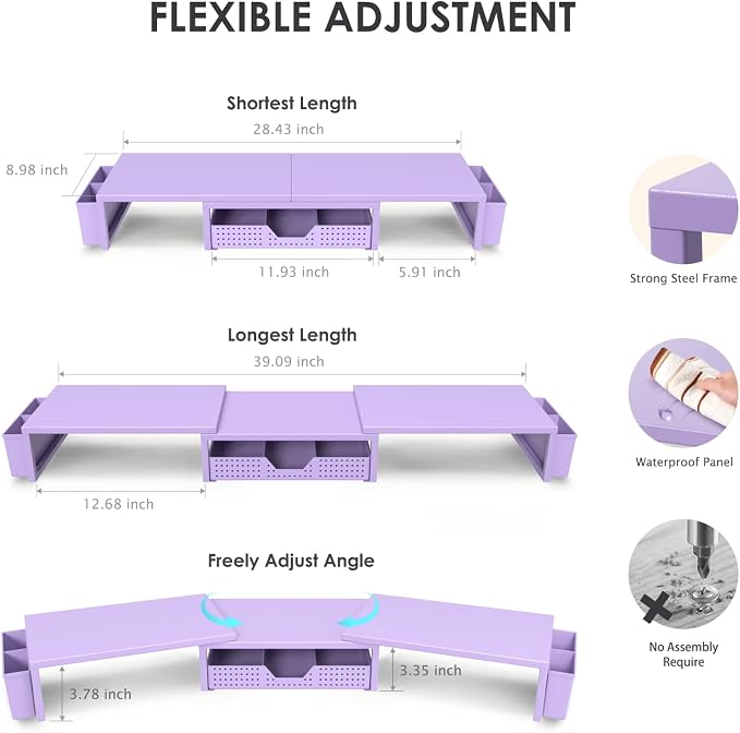 OPNICE Desk Organizers and Accessories, Dual Computer Monitor Stand Riser with Drawer and 2 Pen Holders, Office Desk Accessories, Workspace Desktop Organization for Office Supplies (Purple Metal ) - Image 3