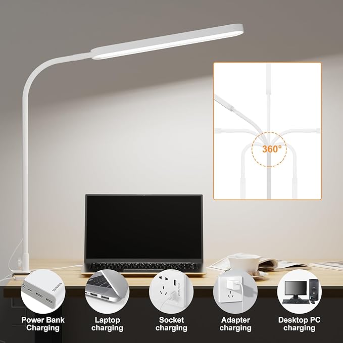 SKYLEO Led Desk Lamp - 33.5" Desk Light - Flexible Gooseneck - 5 Color Modes X 11 Brightness Levels - 1300LM - Timmer & Memory Function - 12W Clip on Light - White - Image 4