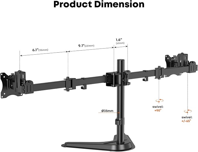 Dual Monitor Stand fits 17-32 inch, Free Standing Heavy Duty Monitor Mount | Precise Slide, Tilt, Swivel, Rotate and Height Adjust, 19.8 lbs per Arm, VESA 75/100mm - Image 8