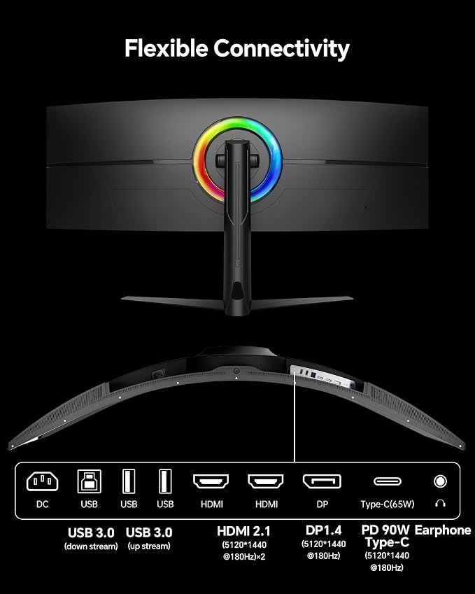 KTC Ultrawide 49 In Curved Gaming Monitor, 5K2K 5120x1440 Computer Monitor DQHD, 180Hz, 32:9, HDR 400, 90W Type-C HDMI DP Port, Bulit-in KVM, Speakers, Adaptive Sync, Tilt Swivel Height Adjust, H49S66 - Image 8