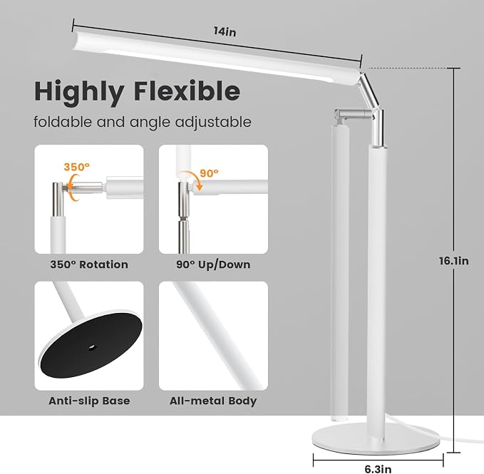 SIBRILLE White LED Desk Lamp, 16" Dimmable Metal Desk Light with Base, 15W 1200LM, Adapter Included, Color & Brightness Adjustable, Modern Tall Table Lamp for Home Office Reading Study Task Laptop - Image 3