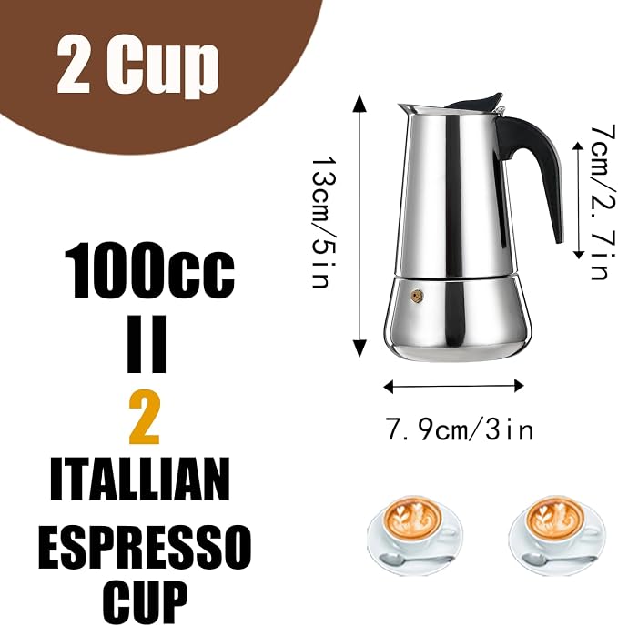 2 Cup Stovetop Espresso Maker Stainless Steel Moka Pot Stove Top Percolator Italian Coffee Makers Capable Mocha Greca Machine Cafe Classic Induction Cookers for Home and Camping 100ml 3.3oz - Image 3