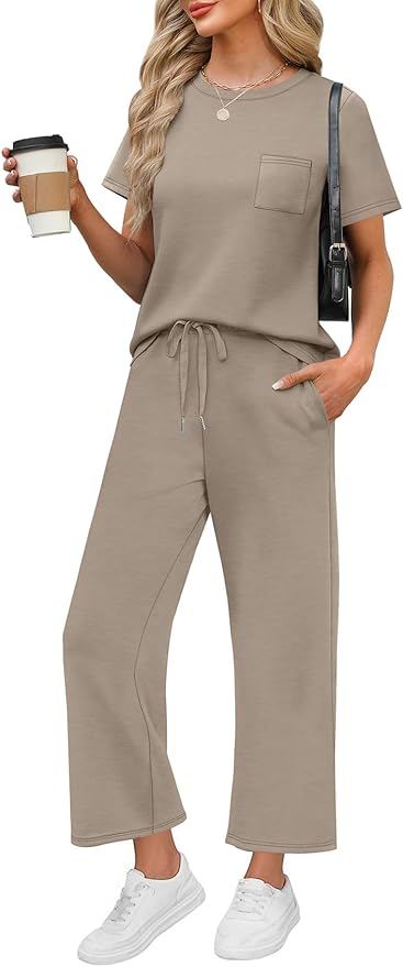 WIHOLL 2 Piece Sets for Women Casual Summer Travel Vacation Outfits Short Sleeve Wide Leg Crop Pants Lounge Sets by WIHOLL