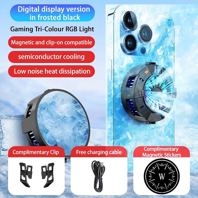 Magnetic Phone Cooler, RGB Portable Lightweight Cooling Fan with Large Cooling Area, Digital Display Phone Radiator for iPhone/Android/Tablet/iPad - Image 2