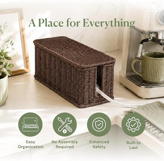 Cable Management Box, Handmade Rattan Cable Organizer with 2 Open Slots, Cord Hider for Power Strip, Router & USB Hub, Registered U.S. Design Patent (D1,112,102), 13" x 5.1" x 5.1", Brown - Image 3