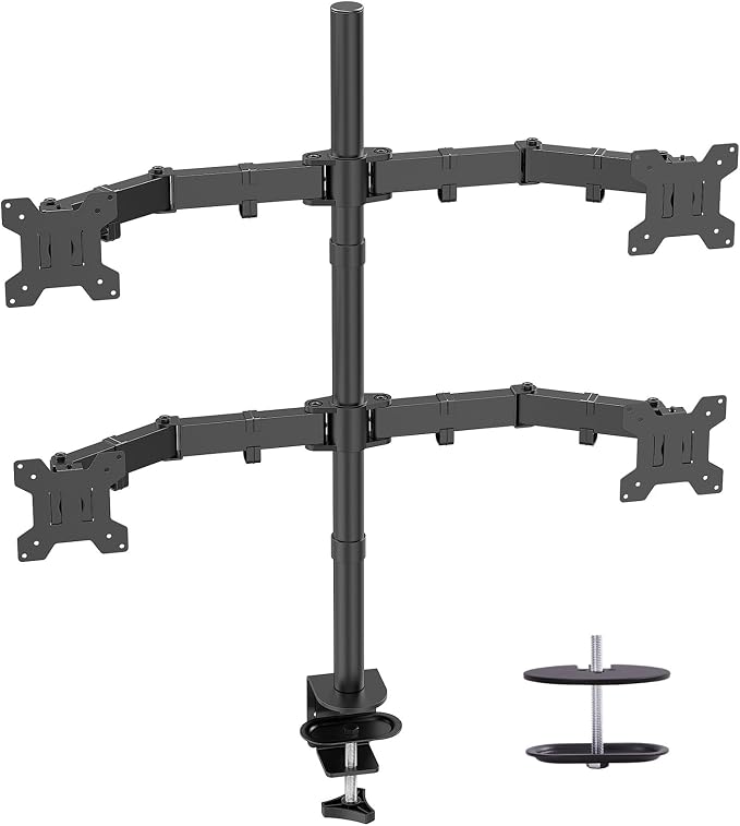 Black Quad Monitor Arm Mount for 13-27 Inch Screens | Ultrawide Screens Up to 34 inch Fully Adjustable Stand with C-Clamp/Grommet Base Max VESA 100x100 Each Screen Capacity 22lbs by Livotica