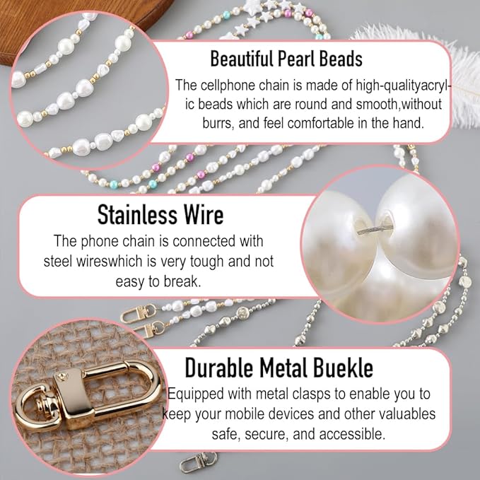 Phone Chain Crossbody Pearl Strap,Pearl Beaded Chain Shoulder Crossbody Lanyard with Phone Tether Patches Compatible with Most Phones Bag Purse(H) - Image 2