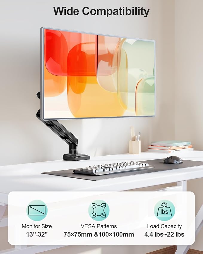 Single Monitor Desk Mount, 13-32 inch Adjustable Full Motion Monitor Arm, Computer Monitor Stand Holder with Clamp and Grommet Base, Fits 4.4 to 22lbs Screens, VESA Mount Bracket, Black, Freelift Pro - Image 2