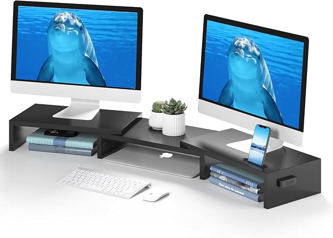 BONTEC Dual Monitor Stand Riser with Smartphone Holder, Adjustable Length & Swivel Angle, Ergonomic Wooden Desktop Organizer for PC Monitor, Laptop, Printer, Large Storage, 42.5 in, Black - Image 8